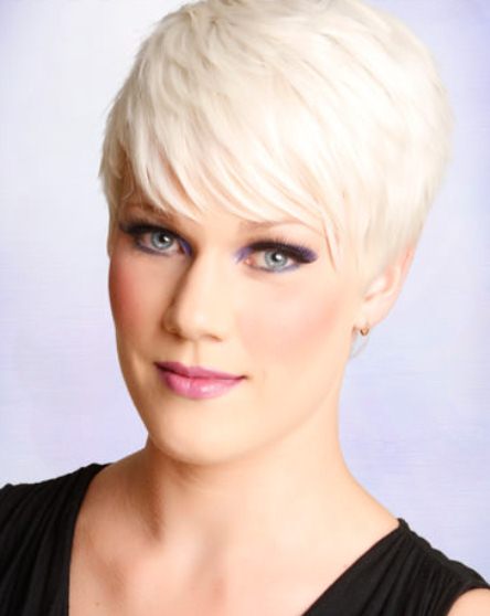 Platinum Blonde Pixie with Side Bangs- Short Haircuts for Curly Hair