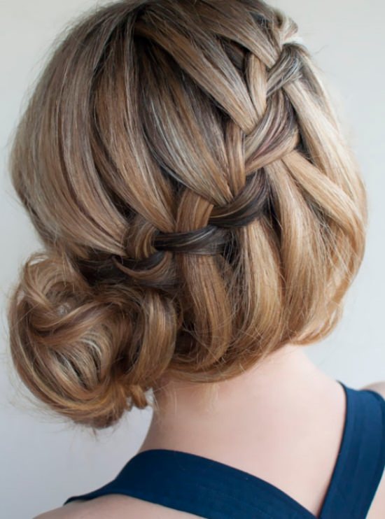Side Bun Twined with a Braid-Prom Updos for Long Hair