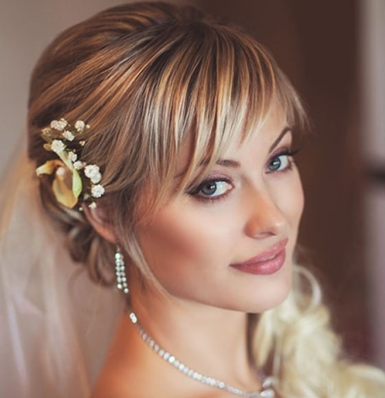 Stunning Wedding Hairstyles Straight hair with Honey Highlights & Side Bang