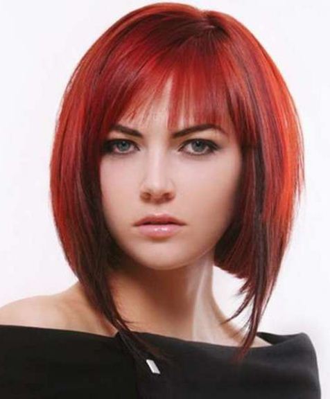 Auburn Red Bob with Bangs and Lowlights-Angled Bob Haircuts