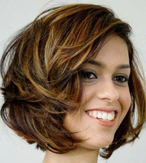 Mocha Brown Bob with Caramel Highlights-Highlights Short Hair