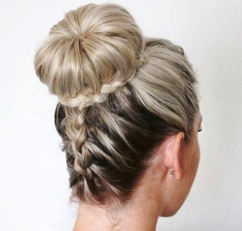  High Messy Bun with Back French Braid Messy Updos for Long Hair