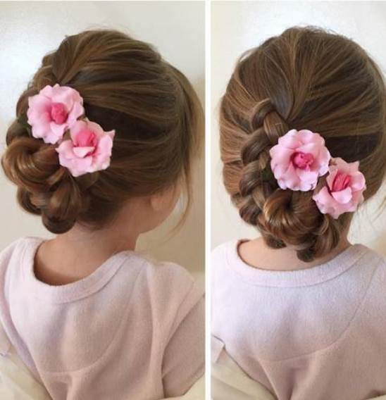 Braided Bun with Double Flower- Flower girl hairstyles