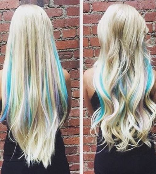 Long Blond Locks with Blue Highlights- Pastel blue hairstyles