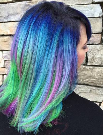 Rainbow Highlights with Blue Roots- Blue ombre hairstyles