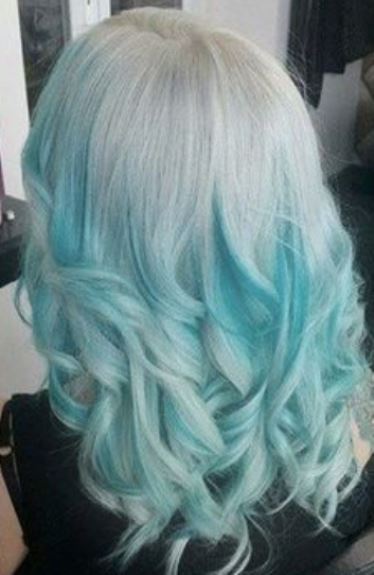 Sky Blue Curls with White Highlights- Pastel blue hairstyles