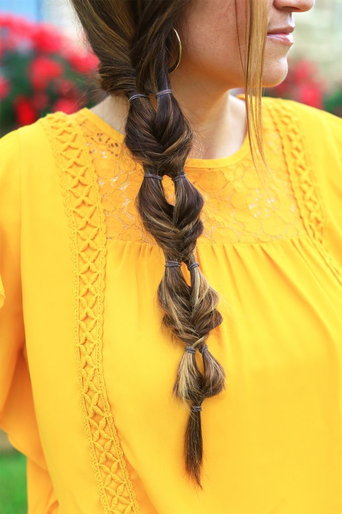 combo of french braid and bubble pony Hairstyles for Long Thick Hair