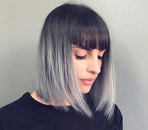 Gray Ombre with Front Bangs Long Bob Haircuts