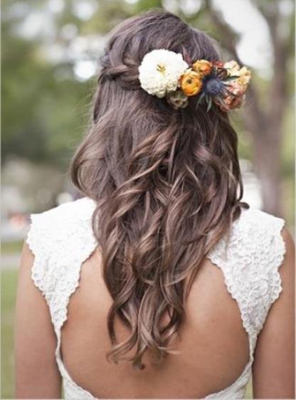 Floral Half Updo wedding hairstyles for long hair