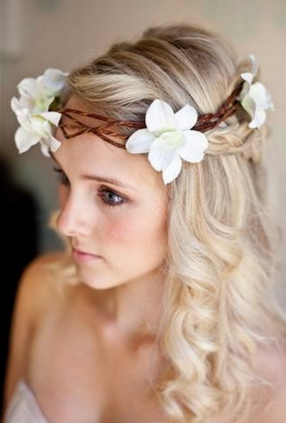 Long waves with floral crown wedding hairstyles for long hair