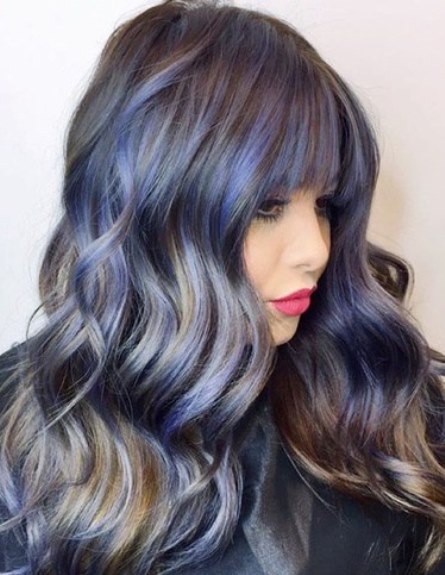 Purple Balayage for Long Hairstyles with Bangs