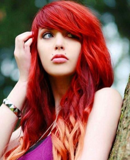 Red Long Flowing Waves- Side swept bangs