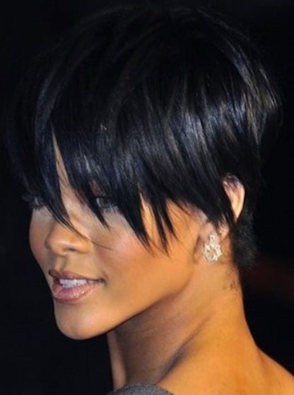Stacked Haircut with Elongated Bangs- Rihanna's short hairstyles