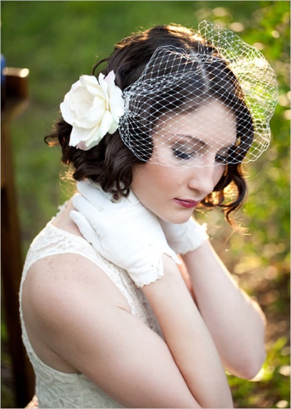 Vintage Curly Bob with a Birdcage Veil- Wedding curly hairstyles