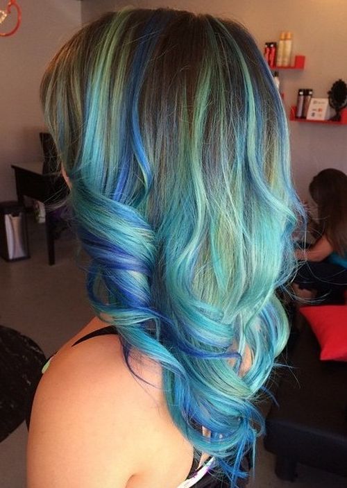 Curled Blue and Teal Highlights Blue Highlight Hairstyles